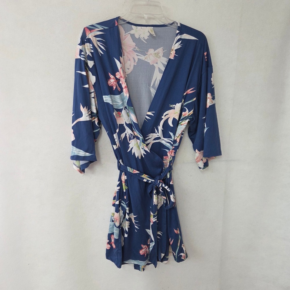 Flora‎ by Flora Nikrooz Wrap Robe Womens Medium Navy Blue Tropical Floral Kimono